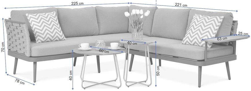 Угловой алюминиевый диван + два журнальных столика Focus Garden Reno 002963 светло-серый