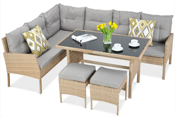 Комплект садових меблів Focus Garden Cortina 003214 бежевий кутовий диван + стіл + крісло + 2 пуфи, Бежевий